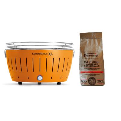 LotusGrill - Portable XL Charcoal Barbecue with USB Cable - Orange + 2 Kg Natural Coal